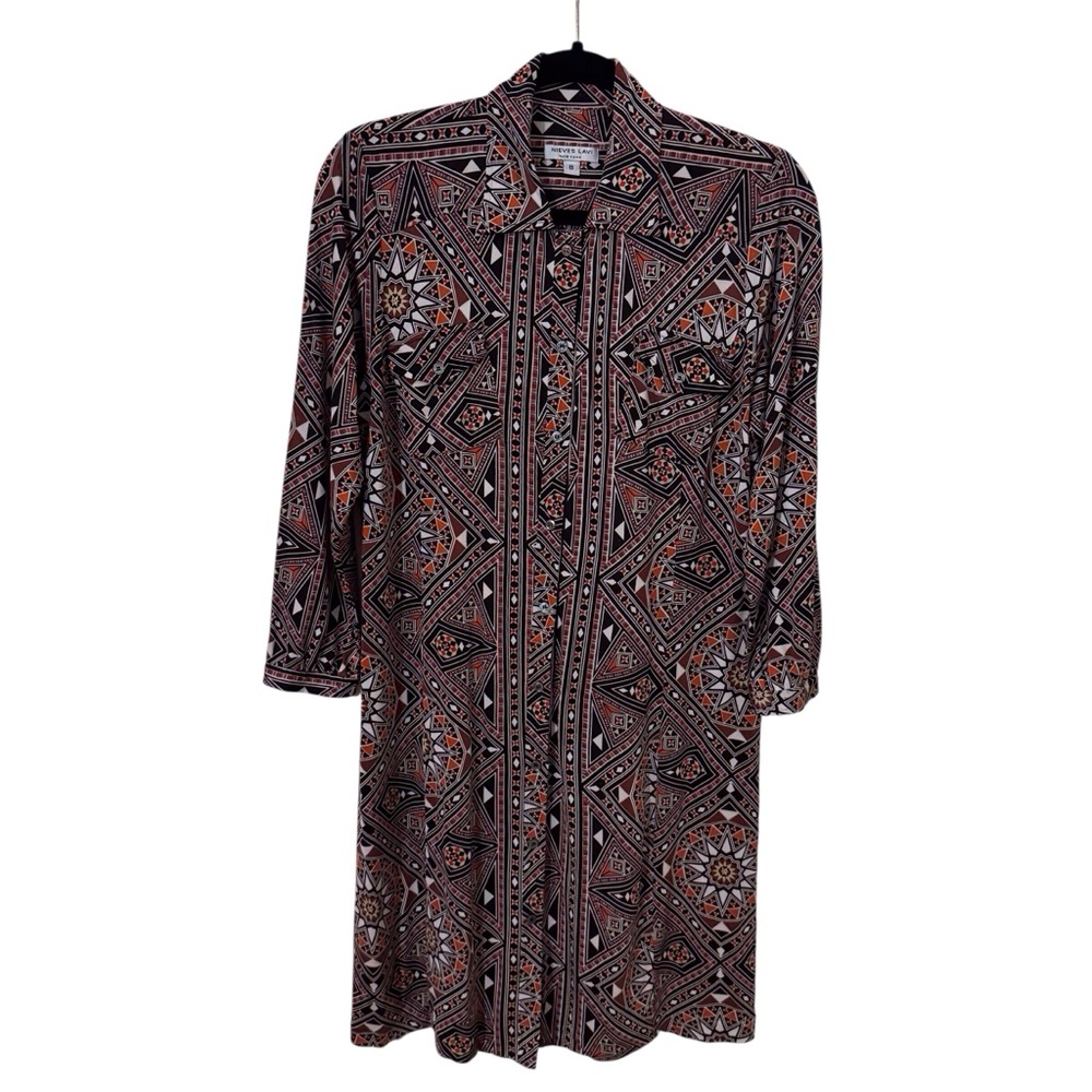 Nieves Lavi New York Size 8 Silk Multicolor Long Sleeve Dress Button Up Geo Mod